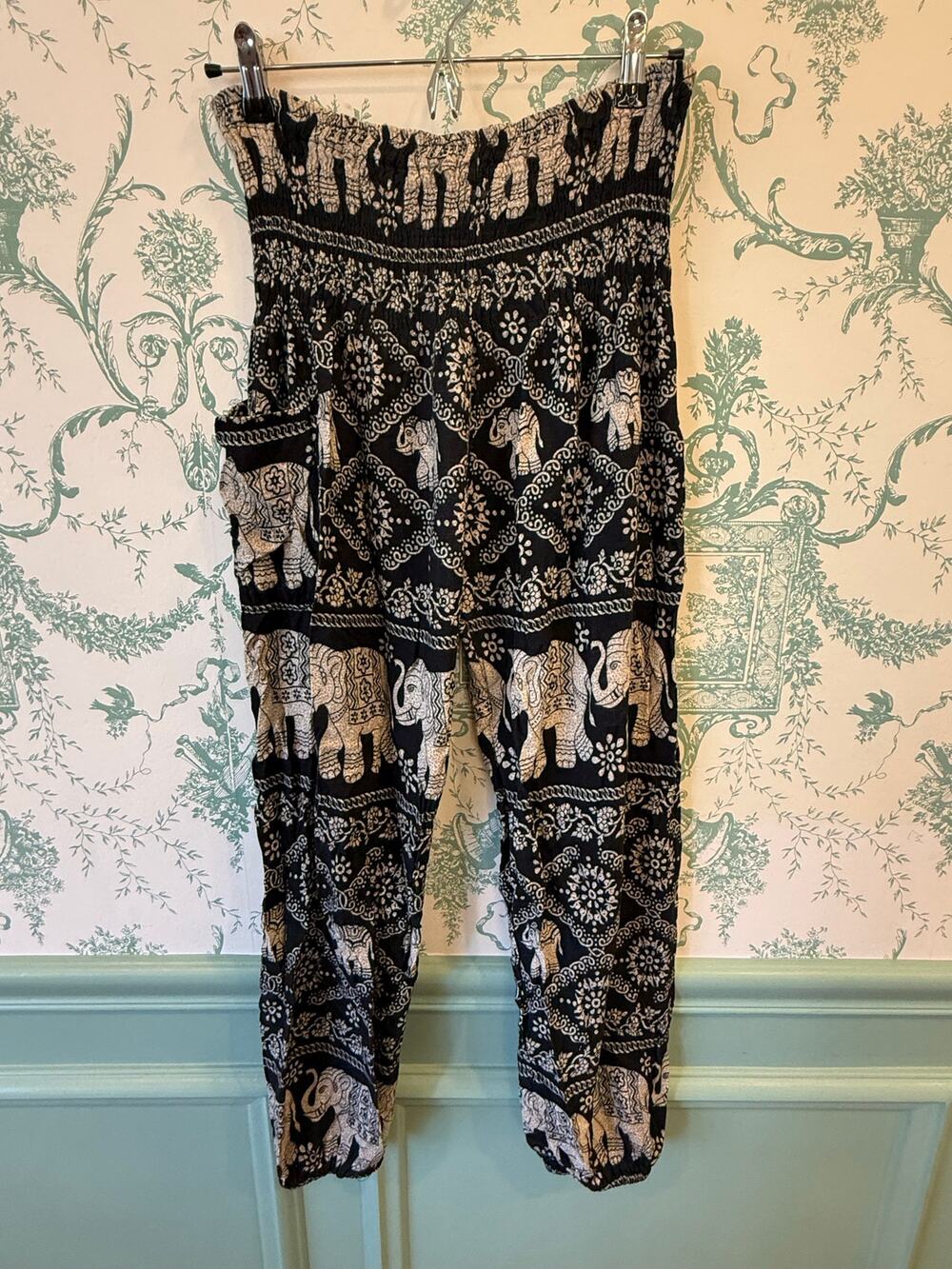 ⁠Bangkok Pants High Waist Smocked Elephant Print Harem Pants Black White Boho